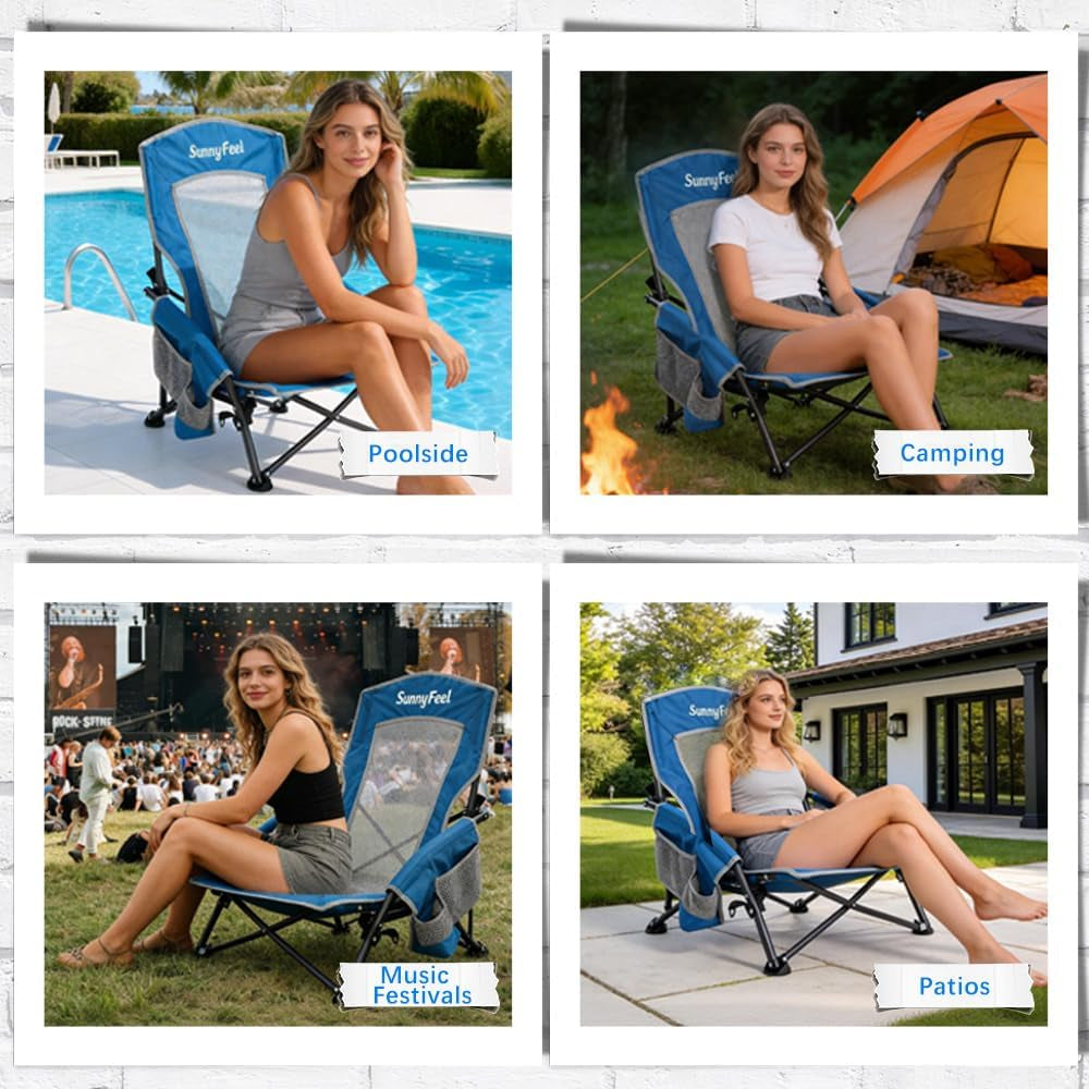 Low Folding Beach Chair for Adults, Portable Lightweight Sling Beach Camping Chairs with Cup Holder, Armrest,Foldable Camp Lawn Chair for Outdoor Sand Concert Travel Sport Events,300Lbs