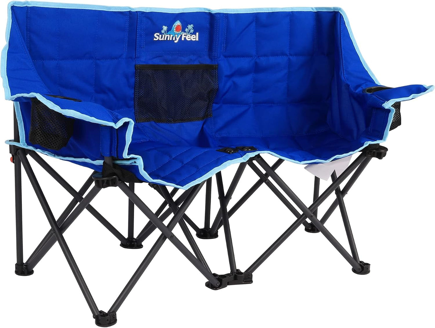 Kids Folding Double Camping Chair, Portable Kids Camping Chairs 2 Seat Chair, Blue Padded Foldable Lawn Chairs with Cup Holder for Beach/Outdoor/Travel/Picnic, Foldable Camp Chairs 2 Person