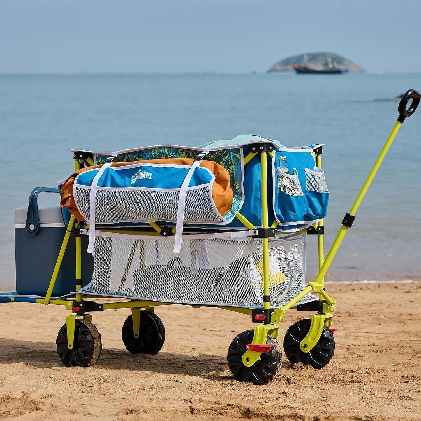 Double Decker Beach Wagon Cart, 400L Extra Large Capacity, 450Lbs Heavy Duty, 54" Extendable Tailgate, All-Terrain Wheels with Brakes, Cooler Bag, Cup Holders & Side Pockets for Beach Camping Shoping
