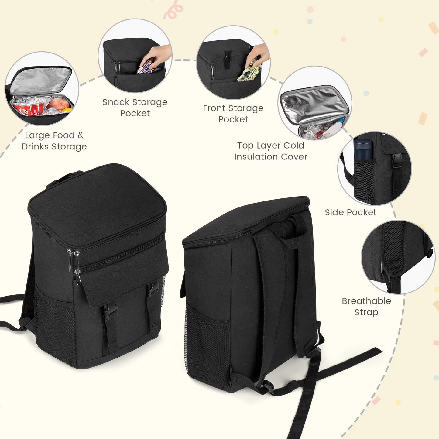 Camping Cooler Backpack 33 Can, Large Capacity Cooler Bag Insulated Compartments Thermal Pocket, Leakproof & Lightweight Travel Cooler Bag, Waterproof Picnic Camping Beach Bag, Black