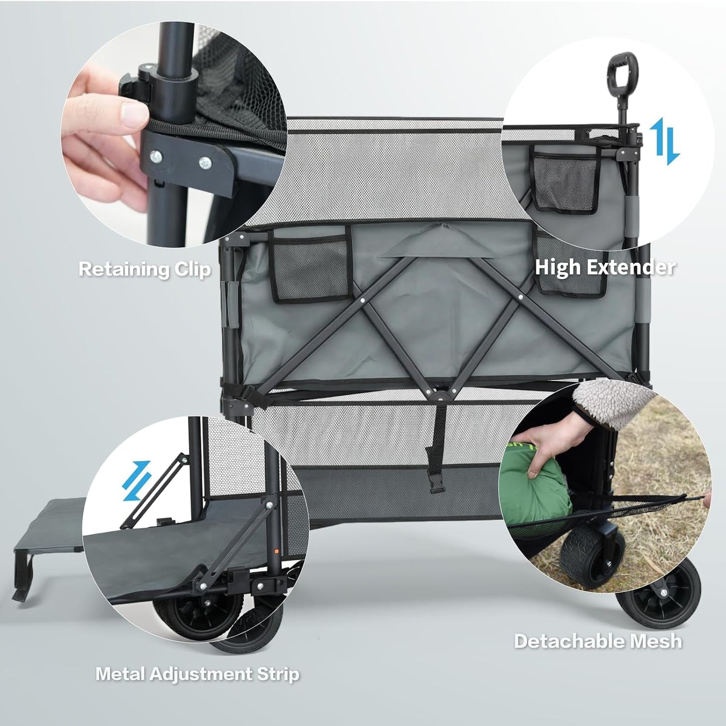 Double Decker Wagon with High Extender & Tailgate - 600L Large Capacity Heavy Duty Foldable Collapsible Wagon Cart with Big Wheels for Camping, Beach, Groceries, Sports(Grey)