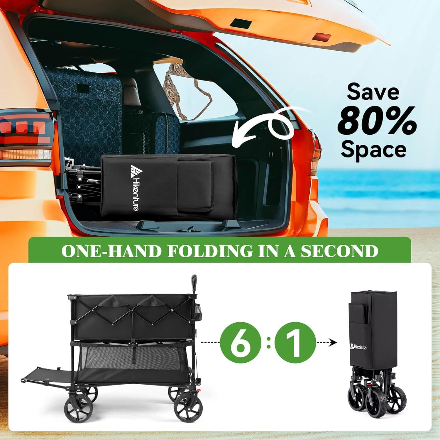 Double Decker Wagon, 400L Extra Large Beach Wagon with Big Wheels for Sand, 500LBS Heavy Duty Collapsible Cart with Tailgate, Utility Carts Foldable for Beach, Sports