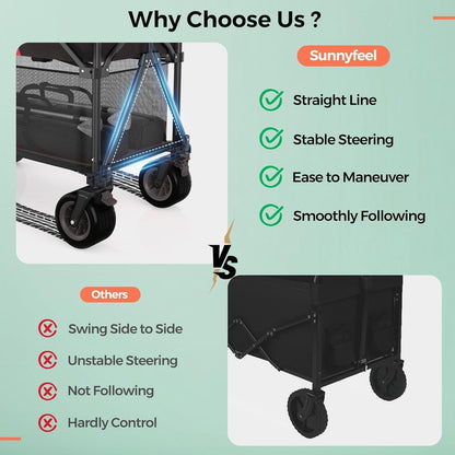 550L Double Decker Wagon with High Extender & Tailgate | 550LBS Heavy Duty Foldable Sports Wagon Cart, All-Terrain Big Wheels for Baseball/Softball, Camping, Garden, Beach, Black
