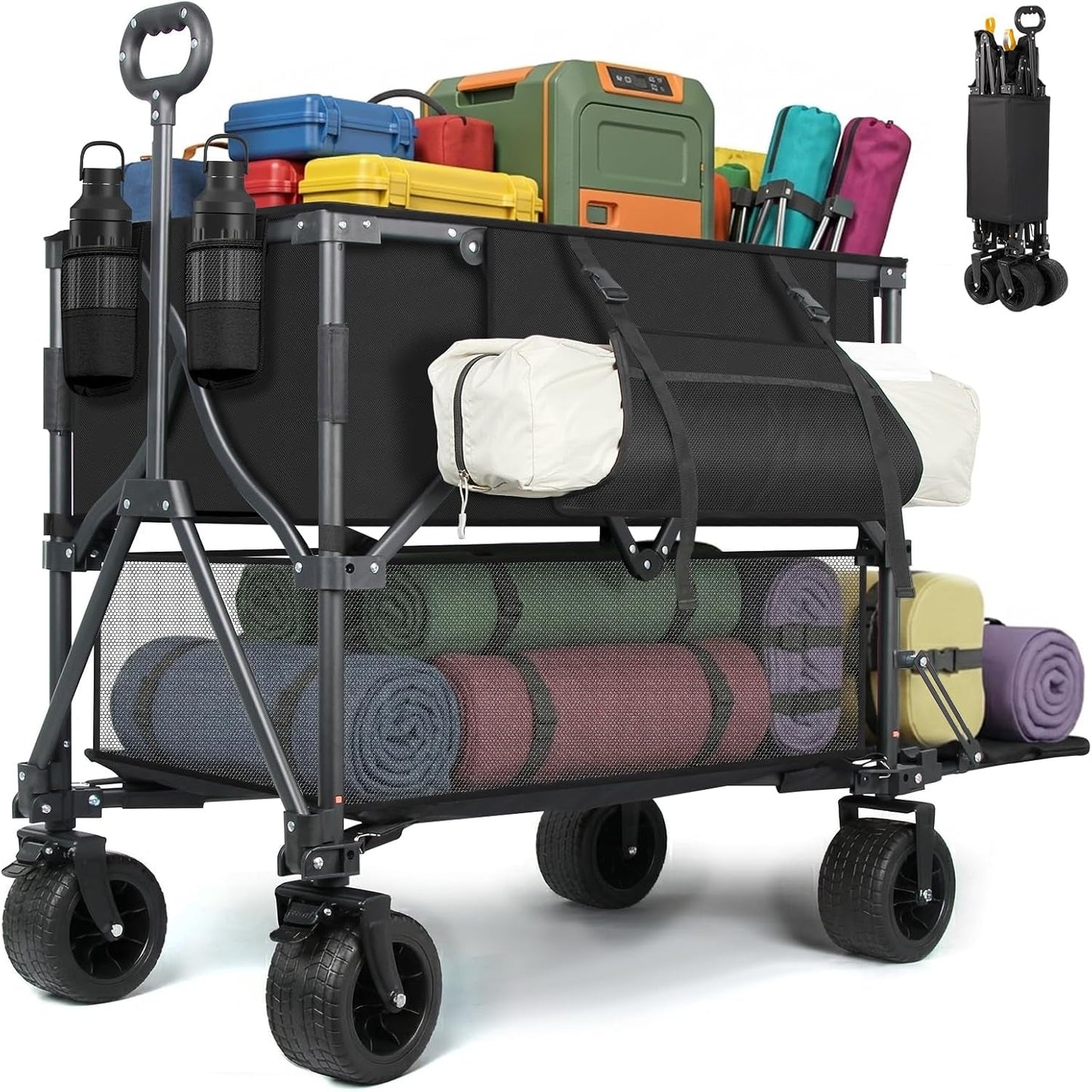 Double Decker Wagon 400L Large Capacity & 600LBS Foldable Utility Cart, 54" Extra Long Collapsible Heavy Duty Wagon with All-Terrain Big Wheels for Beach, Camping, Sports & Gardening