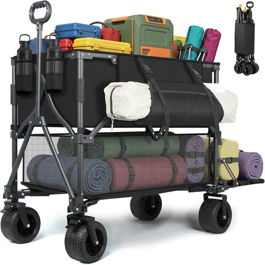 Double Decker Wagon 400L Large Capacity & 600LBS Foldable Utility Cart, 54" Extra Long Collapsible Heavy Duty Wagon with All-Terrain Big Wheels for Beach, Camping, Sports & Gardening