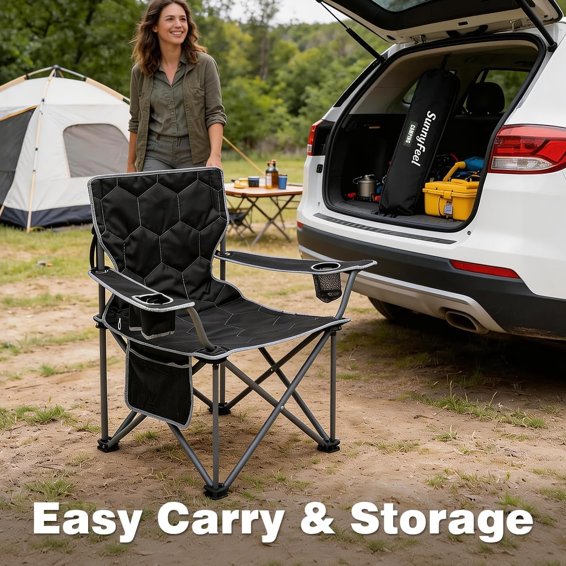 Camping Chair for Adults, Heavy Duty 500LBS Black 2 Pack | Padded Oversized Camping Chair with Cup Holder & Side Pocket. Portable Folding Lawn Chair for Outdoor Beach Picnic Fishing