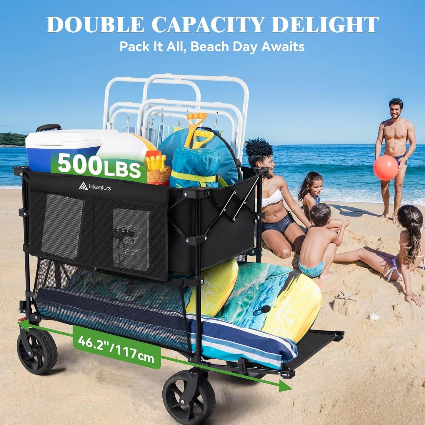 Double Decker Wagon, 400L Extra Large Beach Wagon with Big Wheels for Sand, 500LBS Heavy Duty Collapsible Cart with Tailgate, Utility Carts Foldable for Beach, Sports
