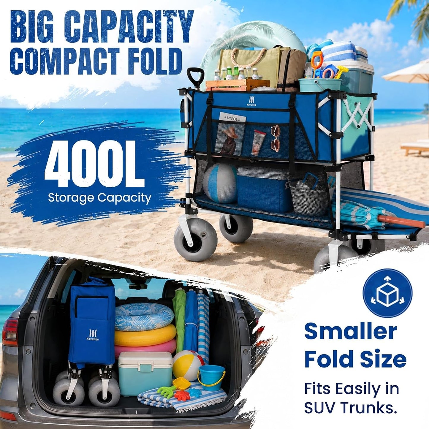 500Lbs Double Decker Wagon, 400L Large Capacity Heavy Duty Beach Cart with 9" Balloon Wheels for Sand, Folding Collapsible Wagon with Side Pocket for Beach, Sport, Camping, Blue