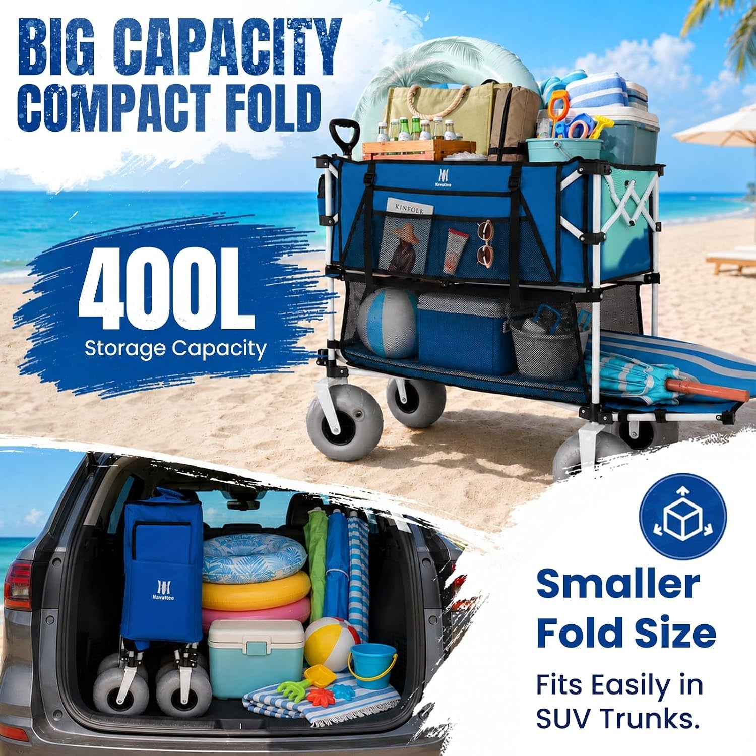 500Lbs Double Decker Wagon, 400L Large Capacity Heavy Duty Beach Cart with 9" Balloon Wheels for Sand, Folding Collapsible Wagon with Side Pocket for Beach, Sport, Camping, Blue