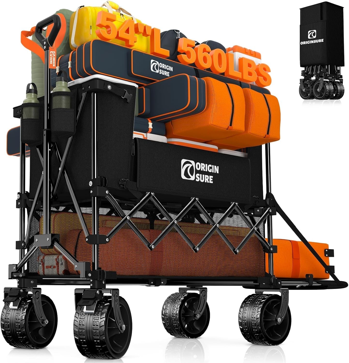 400L Double Decker Wagon Collapsible with 54" L Tailgate, 560Lbs Heavy Duty Carts Foldable, Extra Large Folding Beach Wagon with Big All-Terrain Wheels for Camping, Sports, Groceries, Black