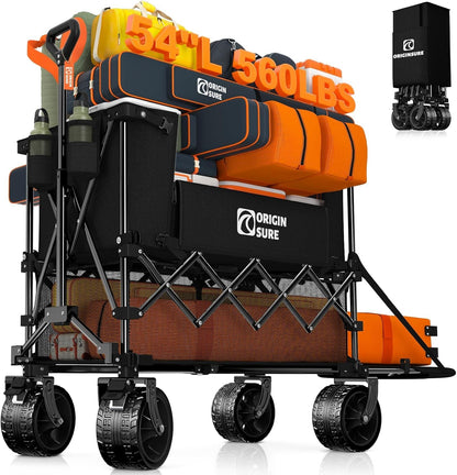 400L Double Decker Wagon Collapsible with 54" L Tailgate, 560Lbs Heavy Duty Carts Foldable, Extra Large Folding Beach Wagon with Big All-Terrain Wheels for Camping, Sports, Groceries, Black