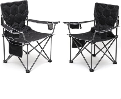 Camping Chair for Adults, Heavy Duty 500LBS Black 2 Pack | Padded Oversized Camping Chair with Cup Holder & Side Pocket. Portable Folding Lawn Chair for Outdoor Beach Picnic Fishing