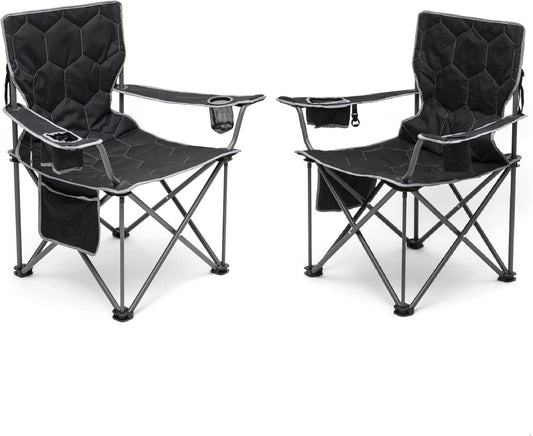 Camping Chair for Adults, Heavy Duty 500LBS Black 2 Pack | Padded Oversized Camping Chair with Cup Holder & Side Pocket. Portable Folding Lawn Chair for Outdoor Beach Picnic Fishing