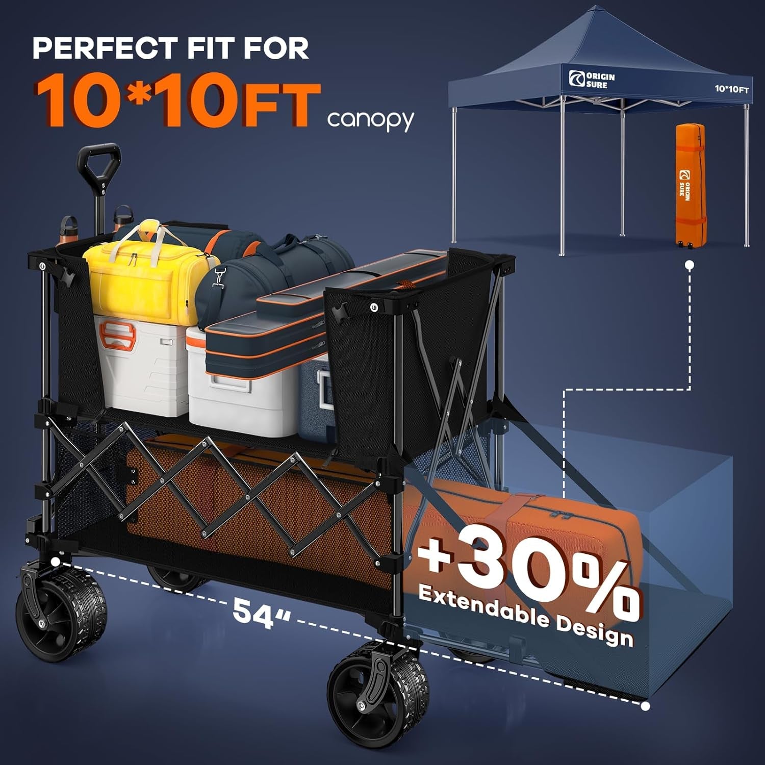 400L Double Decker Wagon Collapsible with 54" L Tailgate, 560Lbs Heavy Duty Carts Foldable, Extra Large Folding Beach Wagon with Big All-Terrain Wheels for Camping, Sports, Groceries, Black