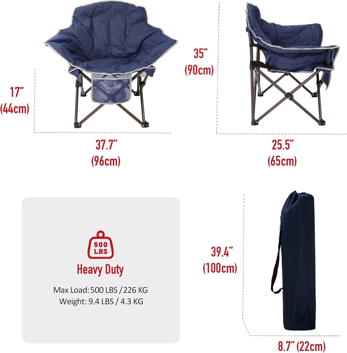 Oversized Padded Camping Chairs for Adults, 500Lbs Capacity | Heavy Duty Folding Chair Large Sofa Chair, Portable Lawn Chair with Carry Bag & Side Pocket for Camping/Rv/Sports/Fishing