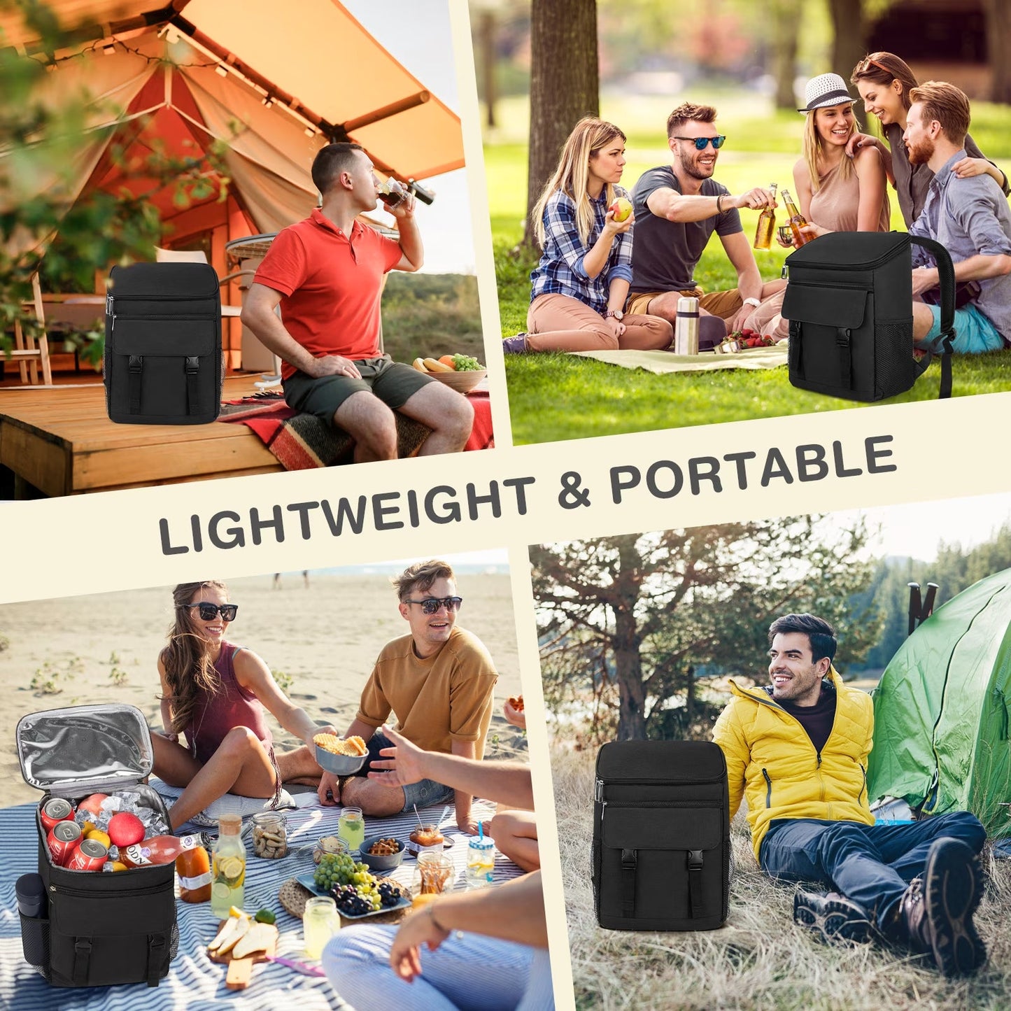 Camping Cooler Backpack 33 Can, Large Capacity Cooler Bag Insulated Compartments Thermal Pocket, Leakproof & Lightweight Travel Cooler Bag, Waterproof Picnic Camping Beach Bag, Black