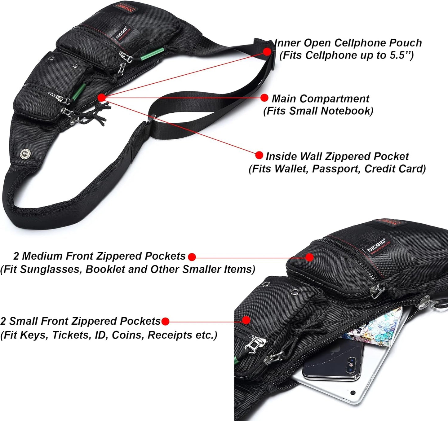 Sling Bag Chest Shoulder Backpack Crossbody Bags Casual Daypack for Men Women (Black-2854)