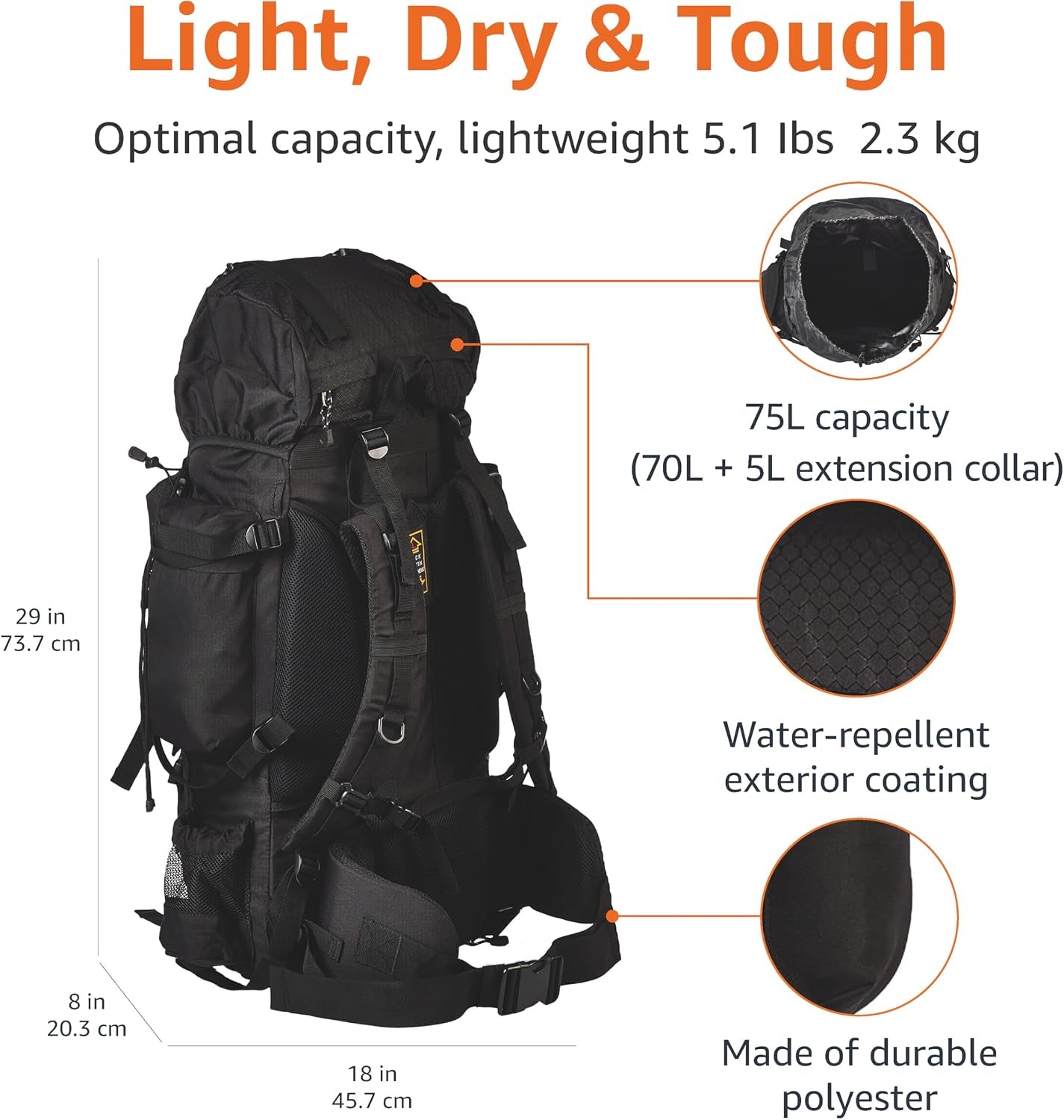 Internal Frame Hiking Backpack for Camping and Backpacking, Adjustable Straps, Rainfly Included