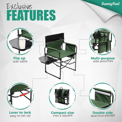 Camping Directors Chair 2 Pack, Heavy Duty,Oversized Portable Folding Chair with Side Table, Pocket for Beach, Fishing,Trip,Picnic,Lawn,Concert Outdoor Foldable Camp Chairs