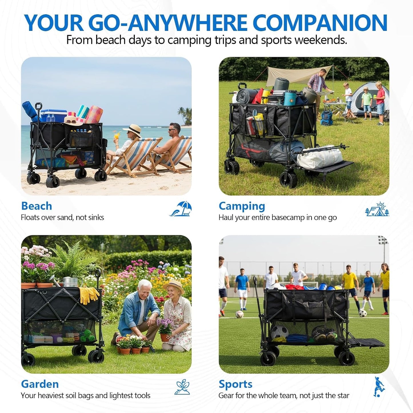 Double Decker Wagon 400L Large Capacity & 600LBS Foldable Utility Cart, 54" Extra Long Collapsible Heavy Duty Wagon with All-Terrain Big Wheels for Beach, Camping, Sports & Gardening