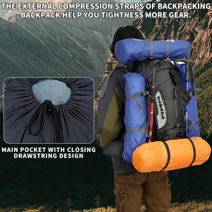 75L Hiking Backpack with Rain Cover Waterproof Camping Backpack Shoes Warehouse for Men Women, Frameless