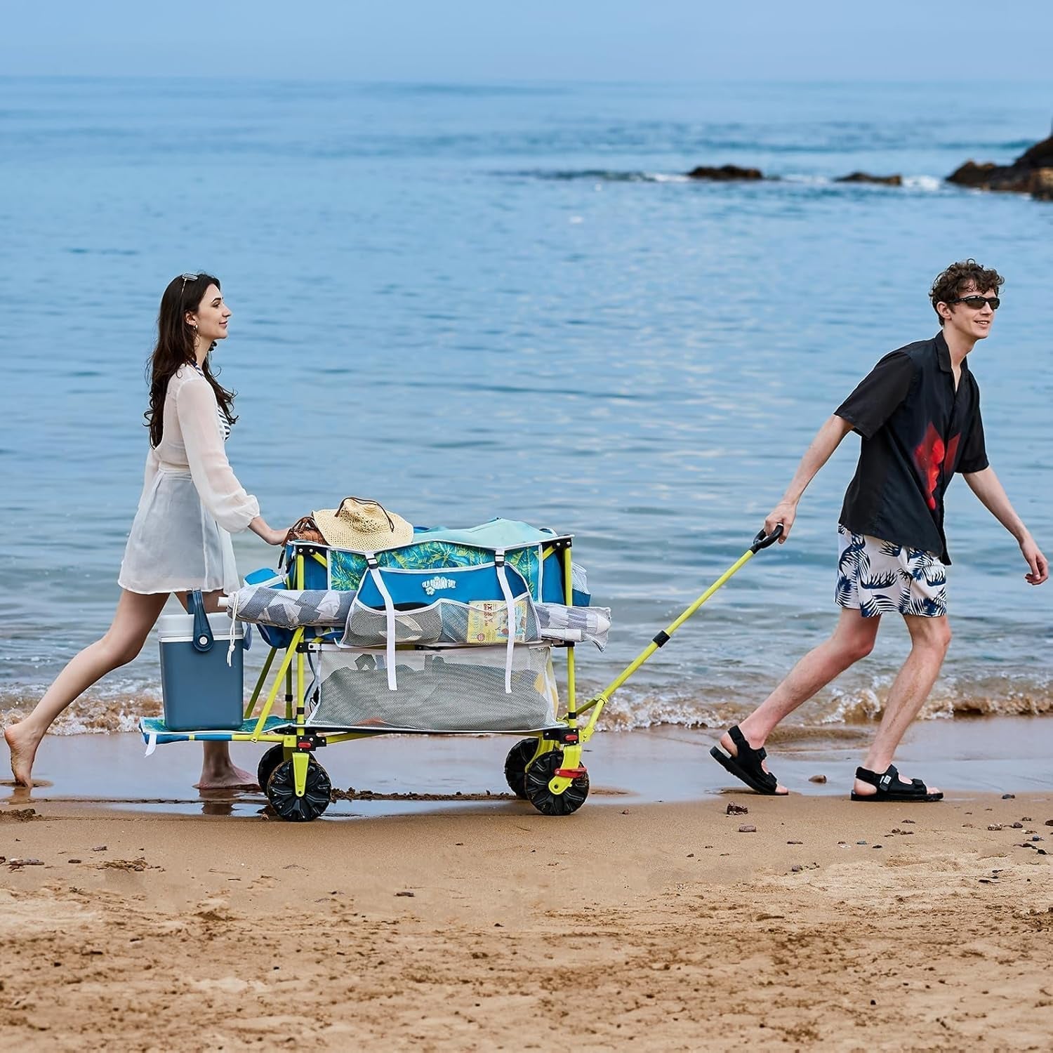 Double Decker Beach Wagon Cart, 400L Extra Large Capacity, 450Lbs Heavy Duty, 54" Extendable Tailgate, All-Terrain Wheels with Brakes, Cooler Bag, Cup Holders & Side Pockets for Beach Camping Shoping