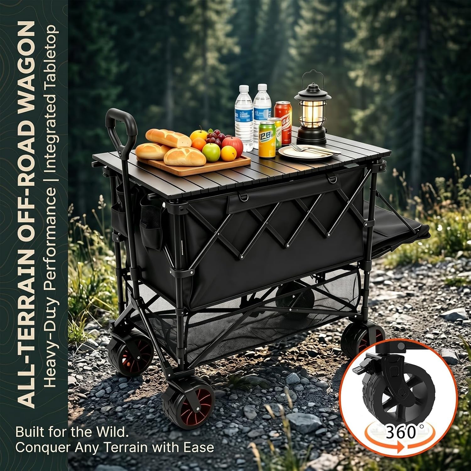 400L Heavy Duty Folding Double Decker Wagon with Table | Collapsible Utility Design, 360° All-Terrain Wheels, 600Lbs Capacity, Tailgate for Picnic & Beach, Camping Portable Outdoor