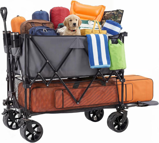 Large Capacity Folding Double Decker Wagon with Brakes, 440Lbs Wagons Carts Foldable Wagon Cart with Flexible Handle, All-Terrain Big Wheels for Grocery Sports Garden Camping