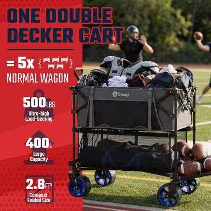 500LBS Heavy Duty Double Decker Wagon with Extender, 400L Large Capacity Collapsible Garden Cart Fits 10X10 Canopy, All-Terrain Big Wheels with Brakes, Foldable Utility Wagon for Sports, Camping