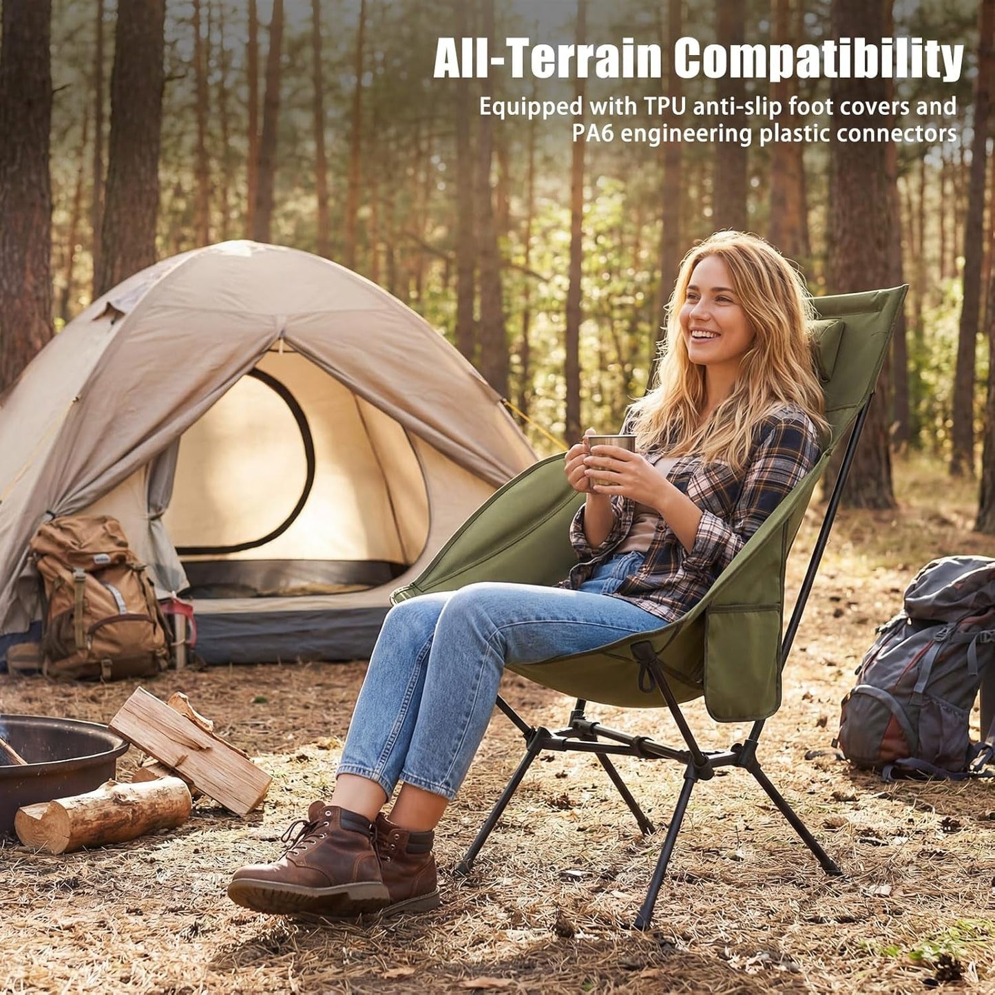 Oversized High Back Padded Camping Chair, Portable Folding Outdoor Chair, Sturdy Camping Chair, Ultralight Compact Chair for Camping, Beach, Festival, Travel, Patio (Army Green)