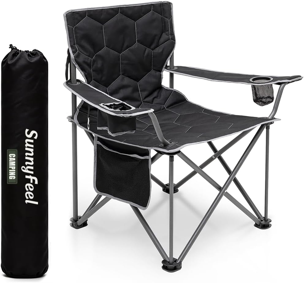 Oversized Camping Chair for Adults, Heavy Duty 500LBS Black | Padded Oversized Camping Chair with Cup Holder & Side Pocket. Portable Folding Lawn Chair for Outdoor Beach Picnic Fishing