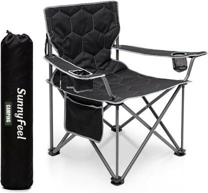 Oversized Camping Chair for Adults, Heavy Duty 500LBS Black | Padded Oversized Camping Chair with Cup Holder & Side Pocket. Portable Folding Lawn Chair for Outdoor Beach Picnic Fishing
