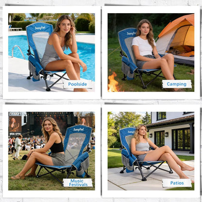 Low Folding Beach Chair for Adults, Portable Lightweight Sling Beach Camping Chairs with Cup Holder, Armrest,Foldable Camp Lawn Chair for Outdoor Sand Concert Travel Sport Events,300Lbs