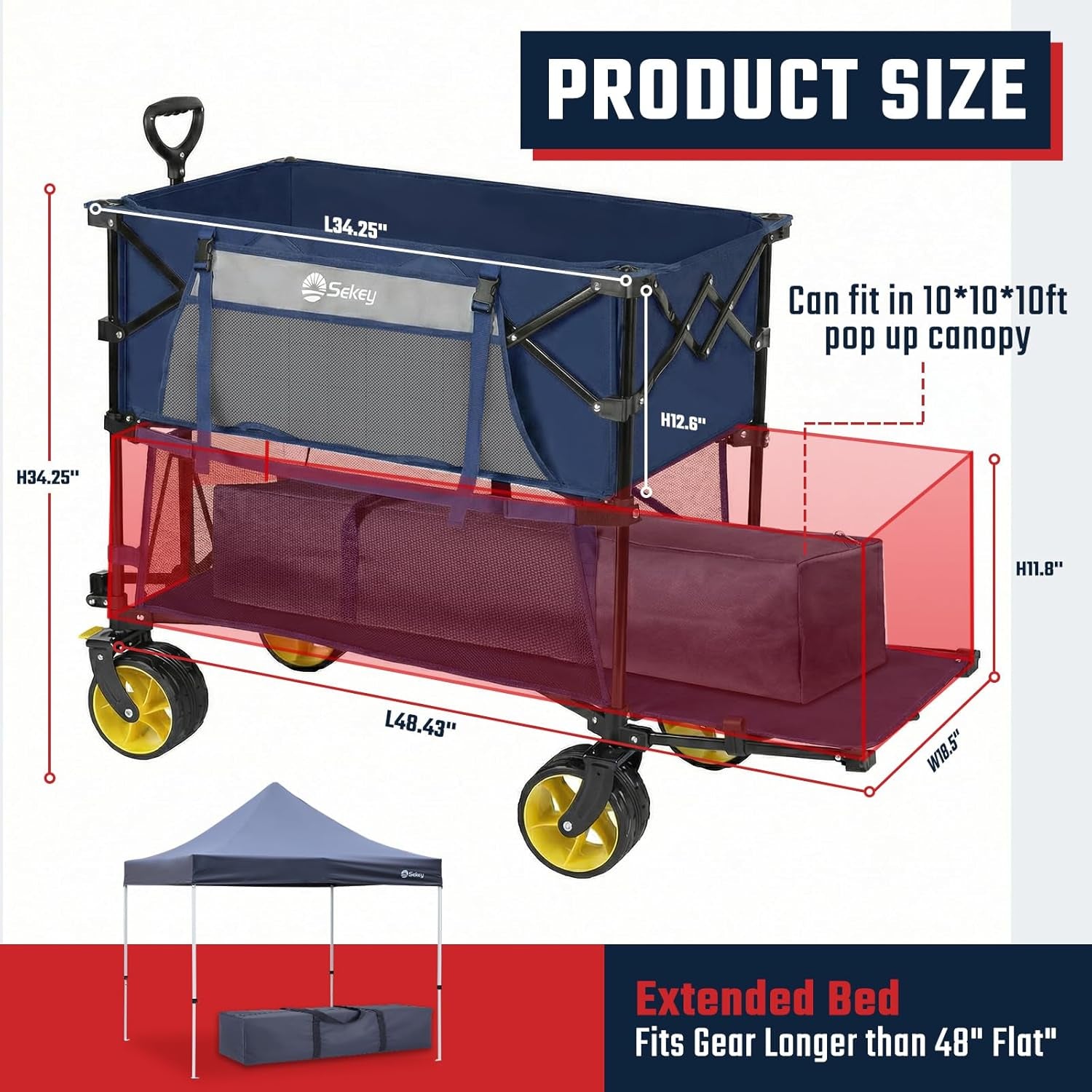 500LBS Heavy Duty Double Decker Wagon with Extender, 400L Large Capacity Collapsible Garden Cart Fits 10X10 Canopy, All-Terrain Big Wheels with Brakes, Foldable Utility Wagon for Sports, Camping