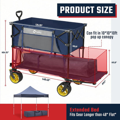 500LBS Heavy Duty Double Decker Wagon with Extender, 400L Large Capacity Collapsible Garden Cart Fits 10X10 Canopy, All-Terrain Big Wheels with Brakes, Foldable Utility Wagon for Sports, Camping