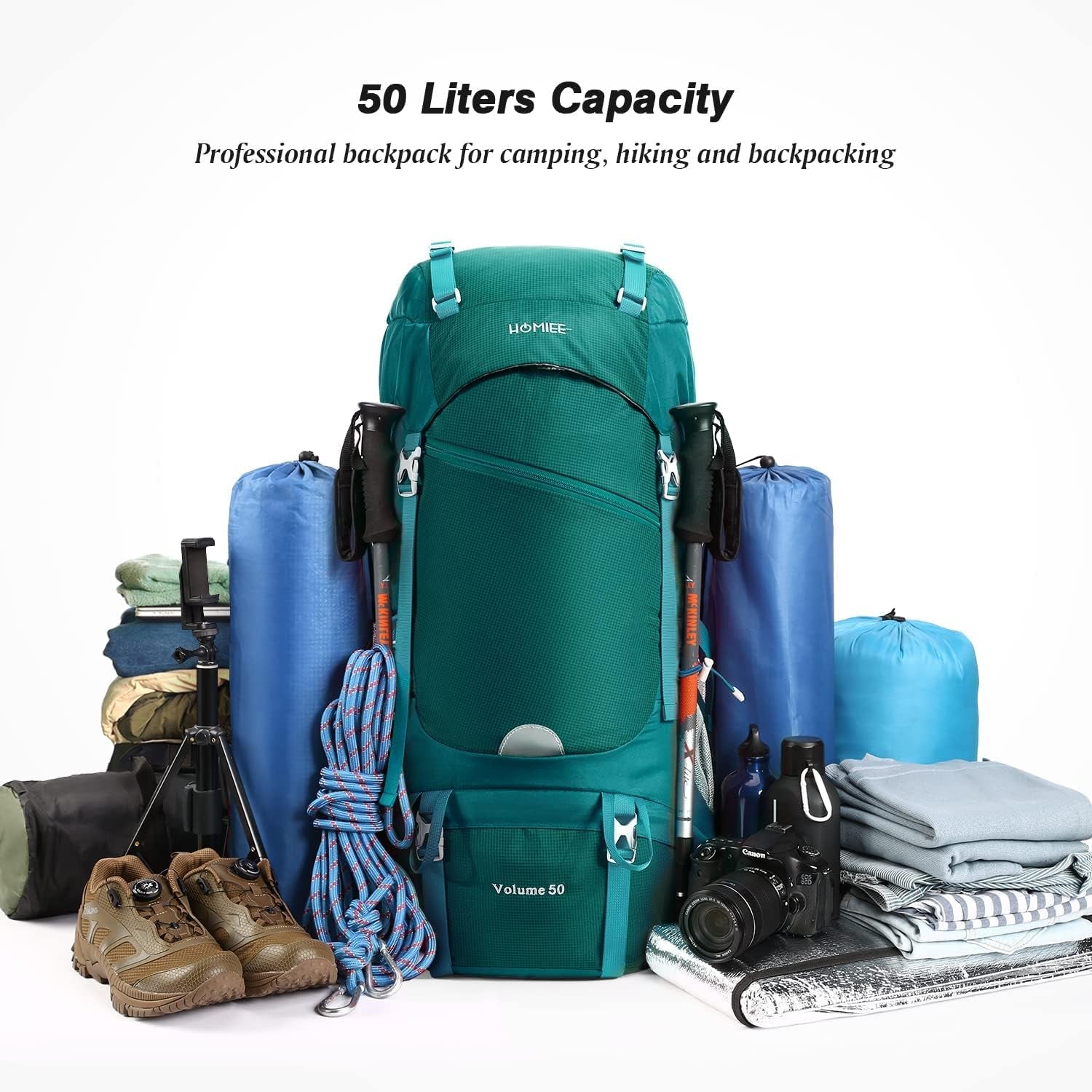50L Hiking Backpack Travel Bag Waterproof Camping Rucksack with Rain Cover Lightweight Backpacking Backpack