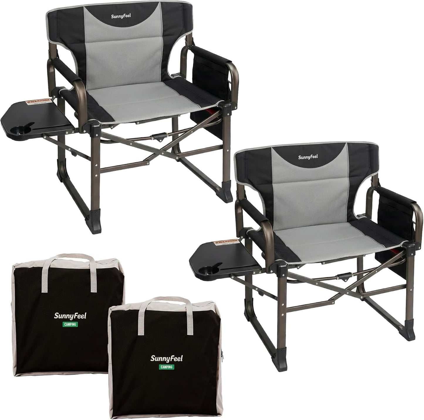 Oversized Camping Directors Chair 2 Pack Portable Foldable Camp Chair for Adults Support 600Lbs with Side Pocket and Side Table for Beach, Fishing, Trip, Picnic, Lawn, Outdoor Black