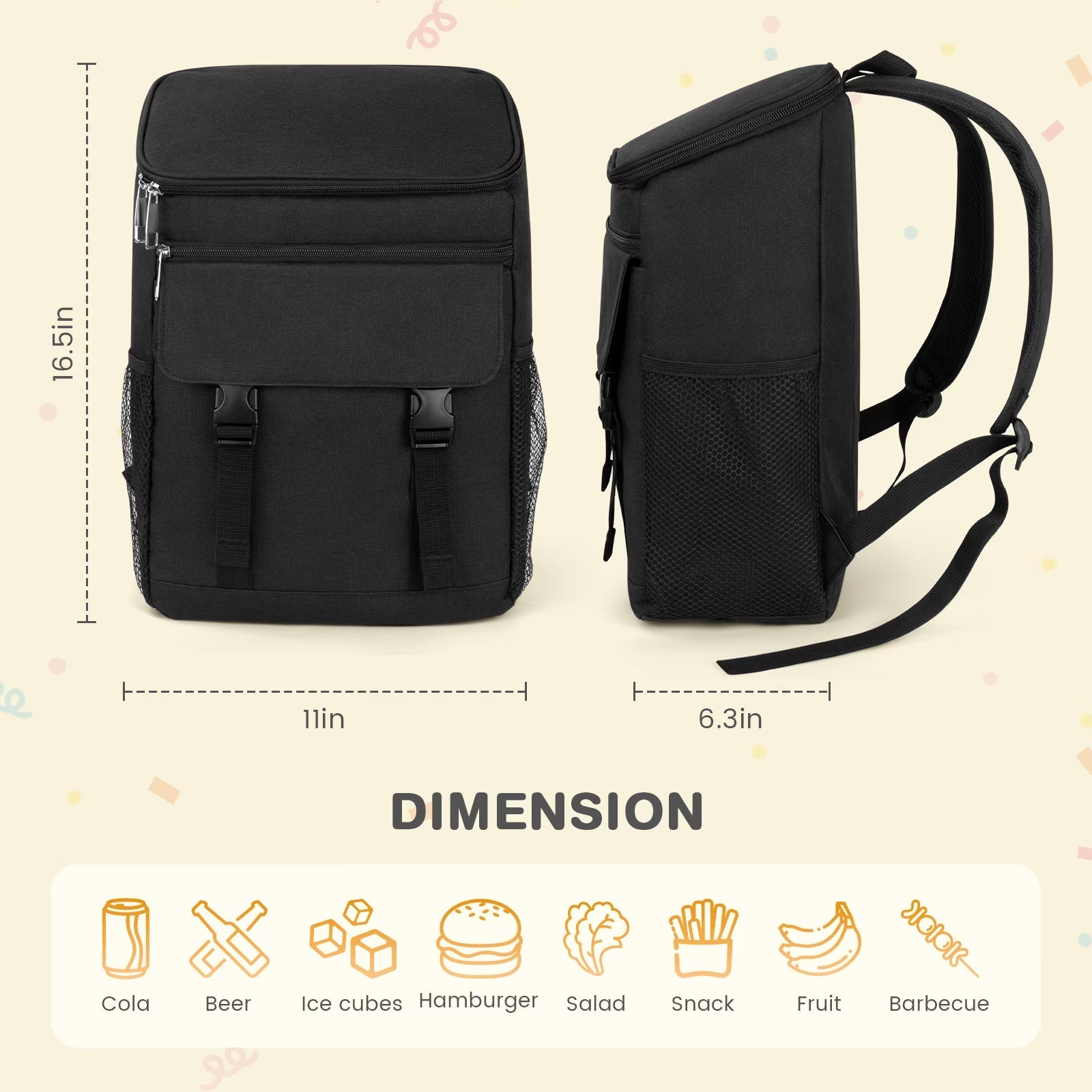 Camping Cooler Backpack 33 Can, Large Capacity Cooler Bag Insulated Compartments Thermal Pocket, Leakproof & Lightweight Travel Cooler Bag, Waterproof Picnic Camping Beach Bag, Black