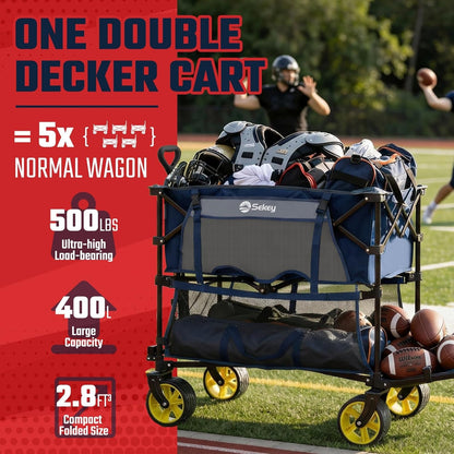 500LBS Heavy Duty Double Decker Wagon with Extender, 400L Large Capacity Collapsible Garden Cart Fits 10X10 Canopy, All-Terrain Big Wheels with Brakes, Foldable Utility Wagon for Sports, Camping