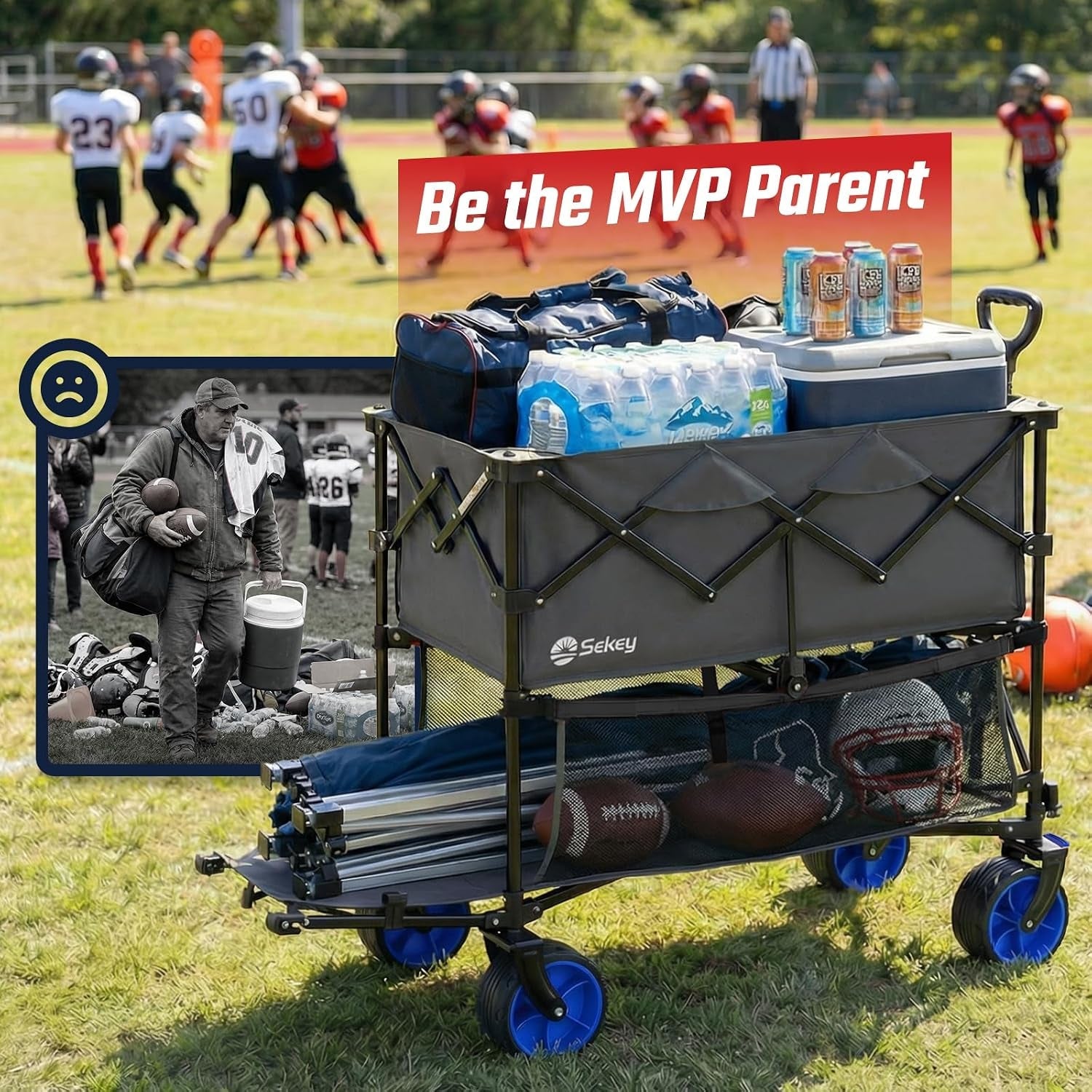500LBS Heavy Duty Double Decker Wagon with Extender, 400L Large Capacity Collapsible Garden Cart Fits 10X10 Canopy, All-Terrain Big Wheels with Brakes, Foldable Utility Wagon for Sports, Camping