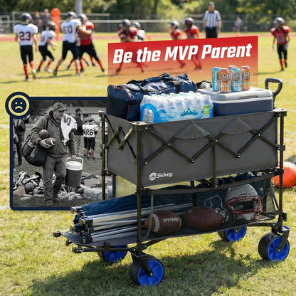 500LBS Heavy Duty Double Decker Wagon with Extender, 400L Large Capacity Collapsible Garden Cart Fits 10X10 Canopy, All-Terrain Big Wheels with Brakes, Foldable Utility Wagon for Sports, Camping