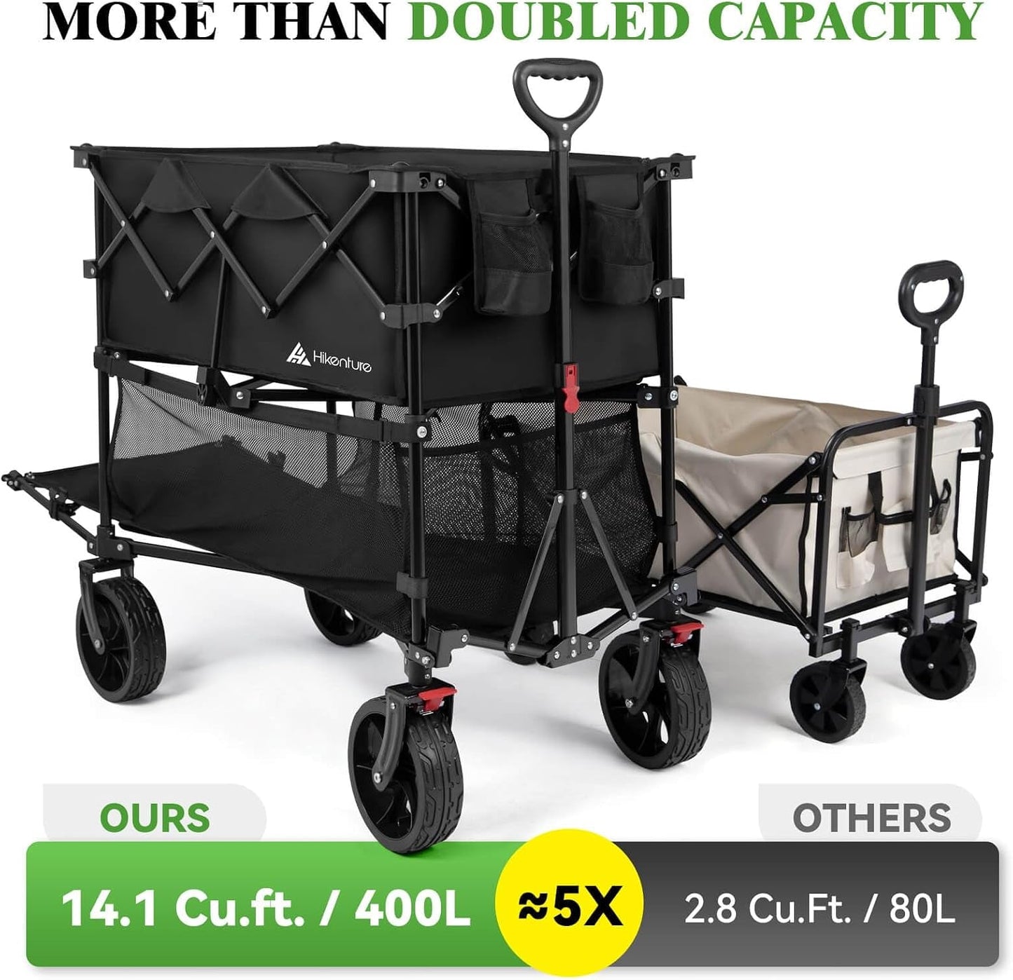Double Decker Wagon, 400L Extra Large Beach Wagon with Big Wheels for Sand, 500LBS Heavy Duty Collapsible Cart with Tailgate, Utility Carts Foldable for Beach, Sports