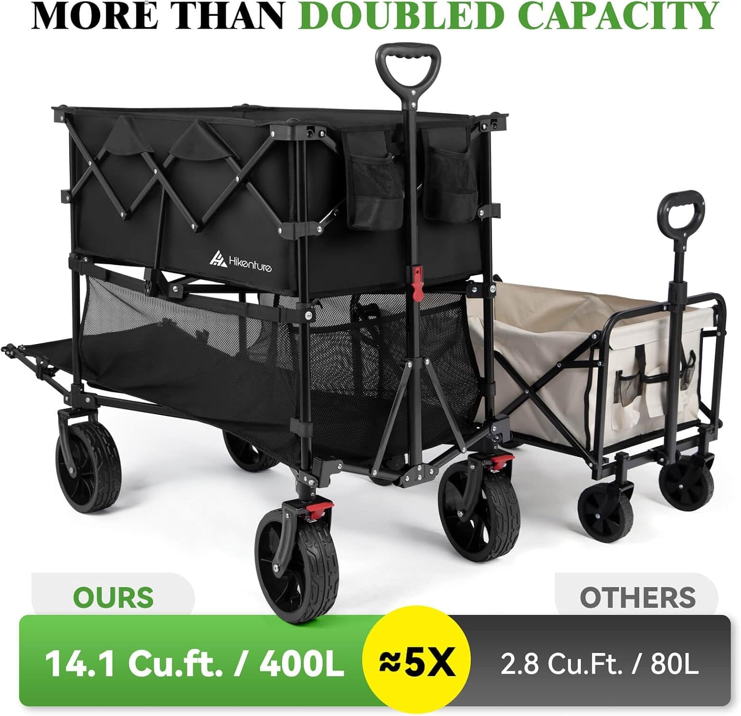 Double Decker Wagon, 400L Extra Large Beach Wagon with Big Wheels for Sand, 500LBS Heavy Duty Collapsible Cart with Tailgate, Utility Carts Foldable for Beach, Sports