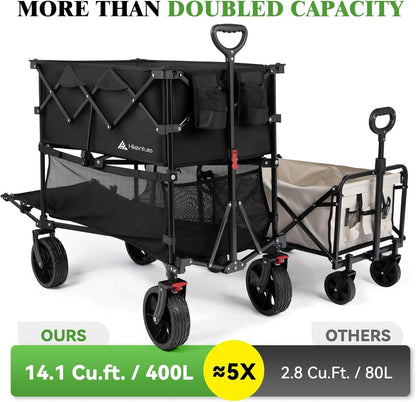 Double Decker Wagon, 400L Extra Large Beach Wagon with Big Wheels for Sand, 500LBS Heavy Duty Collapsible Cart with Tailgate, Utility Carts Foldable for Beach, Sports