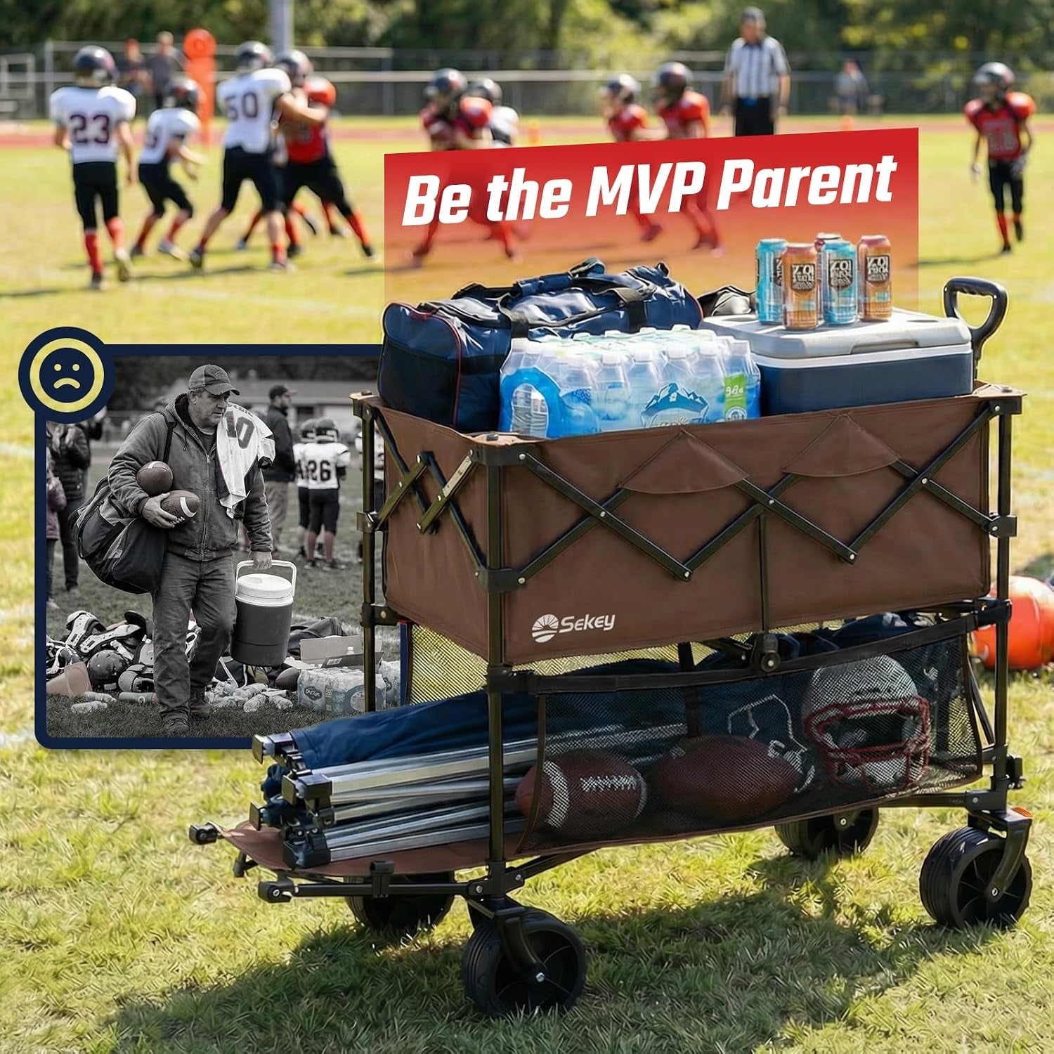 500LBS Heavy Duty Double Decker Wagon with Extender, 400L Large Capacity Collapsible Garden Cart Fits 10X10 Canopy, All-Terrain Big Wheels with Brakes, Foldable Utility Wagon for Sports, Camping
