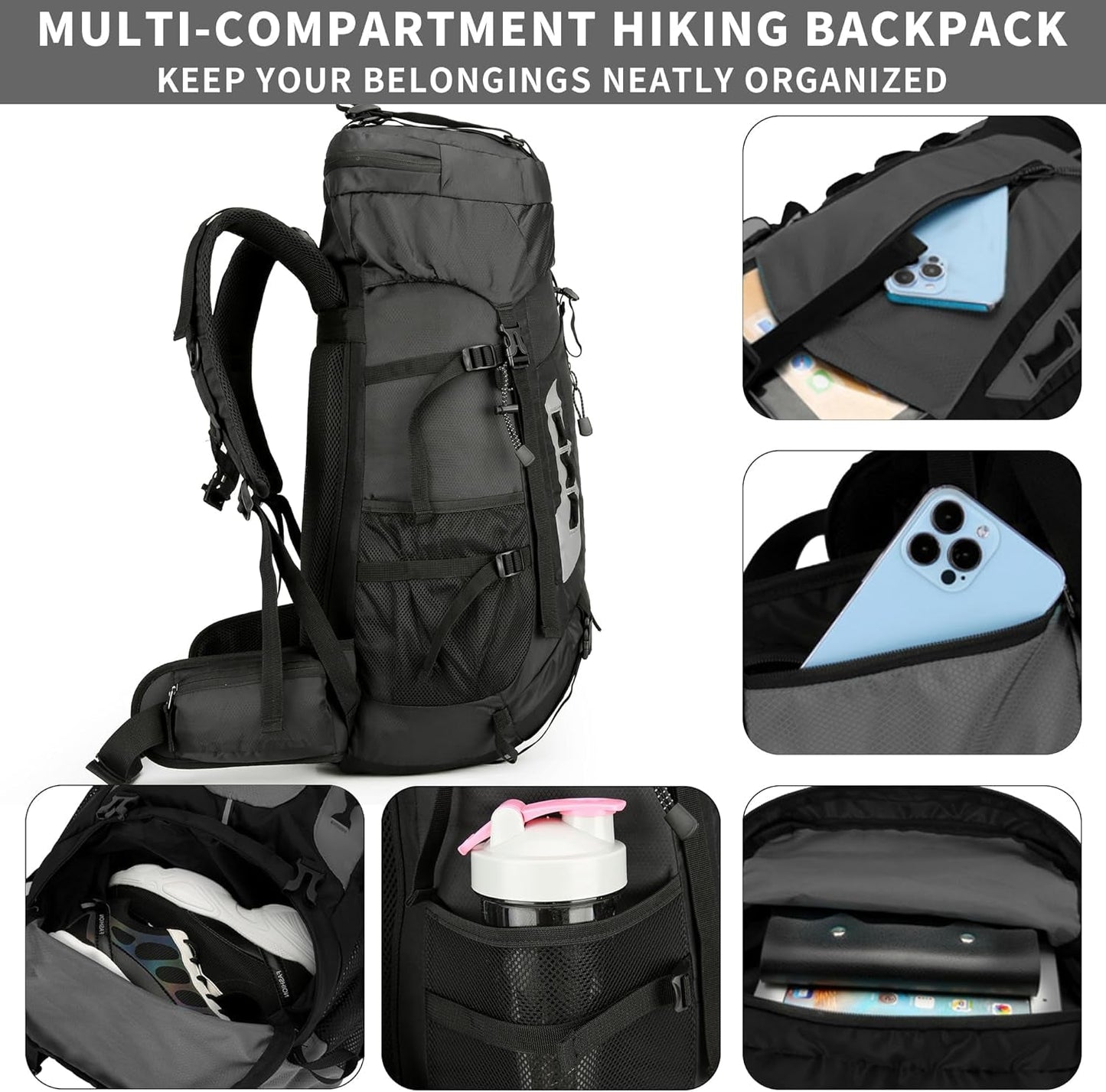 75L Hiking Backpack with Rain Cover Waterproof Camping Backpack Shoes Warehouse for Men Women, Frameless