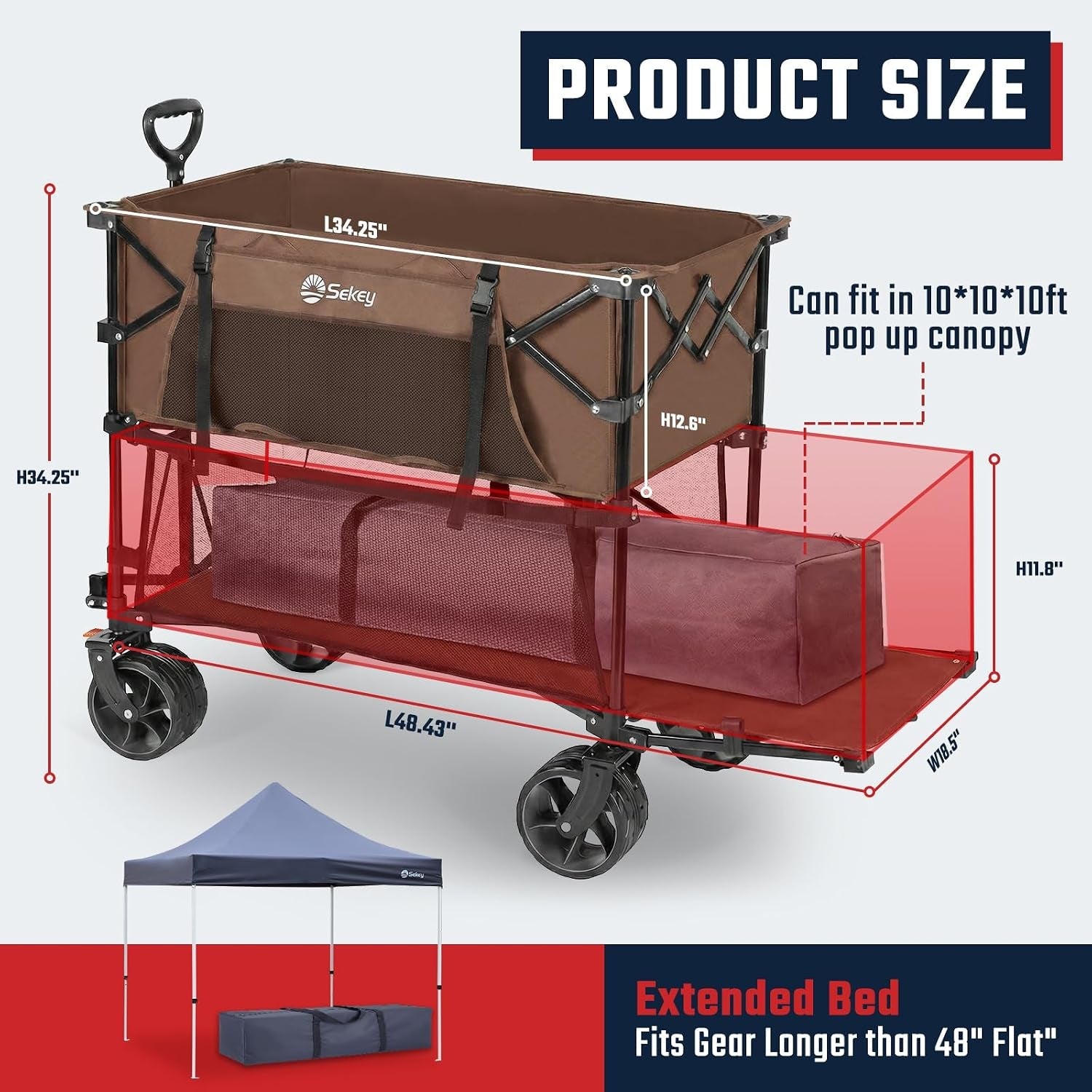 500LBS Heavy Duty Double Decker Wagon with Extender, 400L Large Capacity Collapsible Garden Cart Fits 10X10 Canopy, All-Terrain Big Wheels with Brakes, Foldable Utility Wagon for Sports, Camping