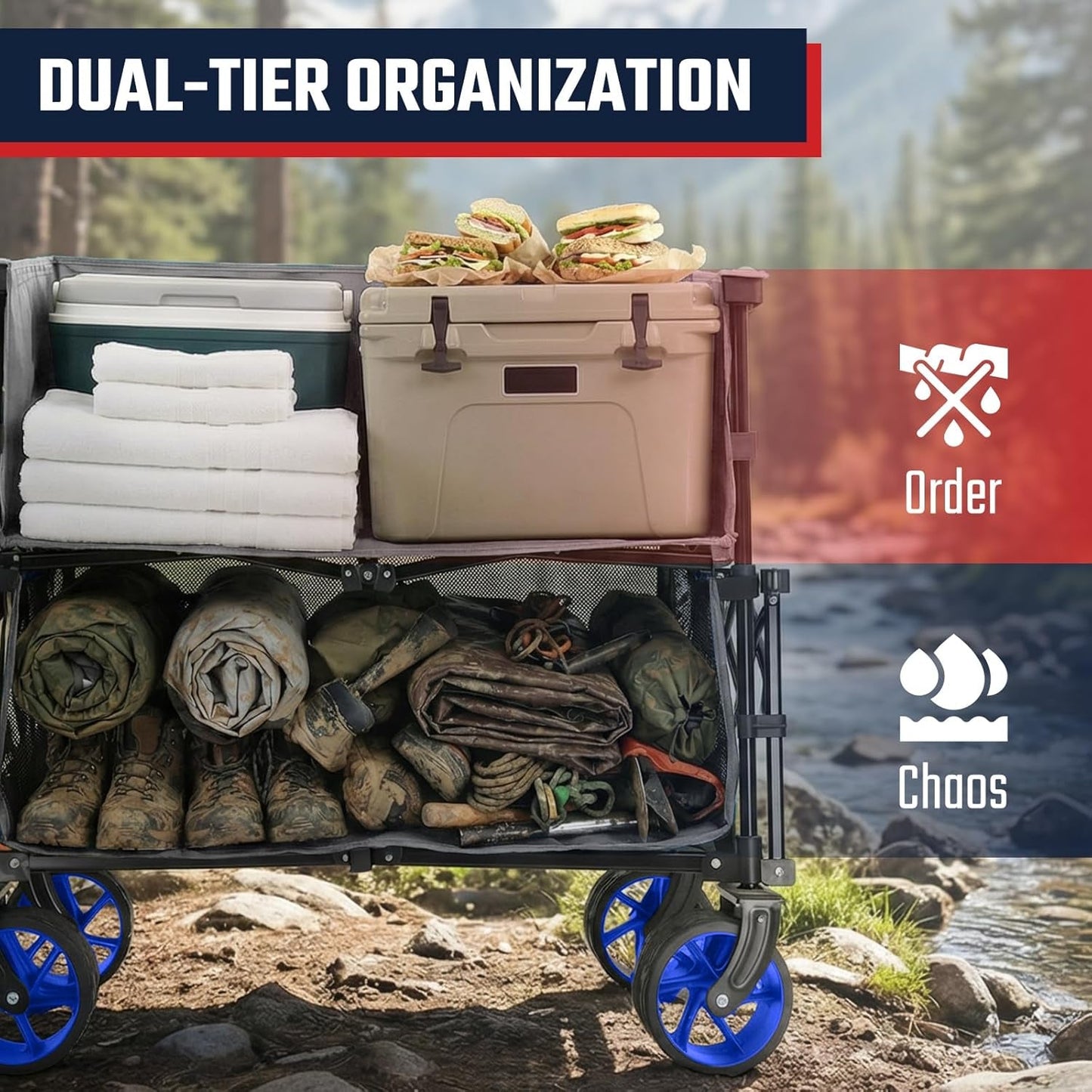 500LBS Heavy Duty Double Decker Wagon with Extender, 400L Large Capacity Collapsible Garden Cart Fits 10X10 Canopy, All-Terrain Big Wheels with Brakes, Foldable Utility Wagon for Sports, Camping