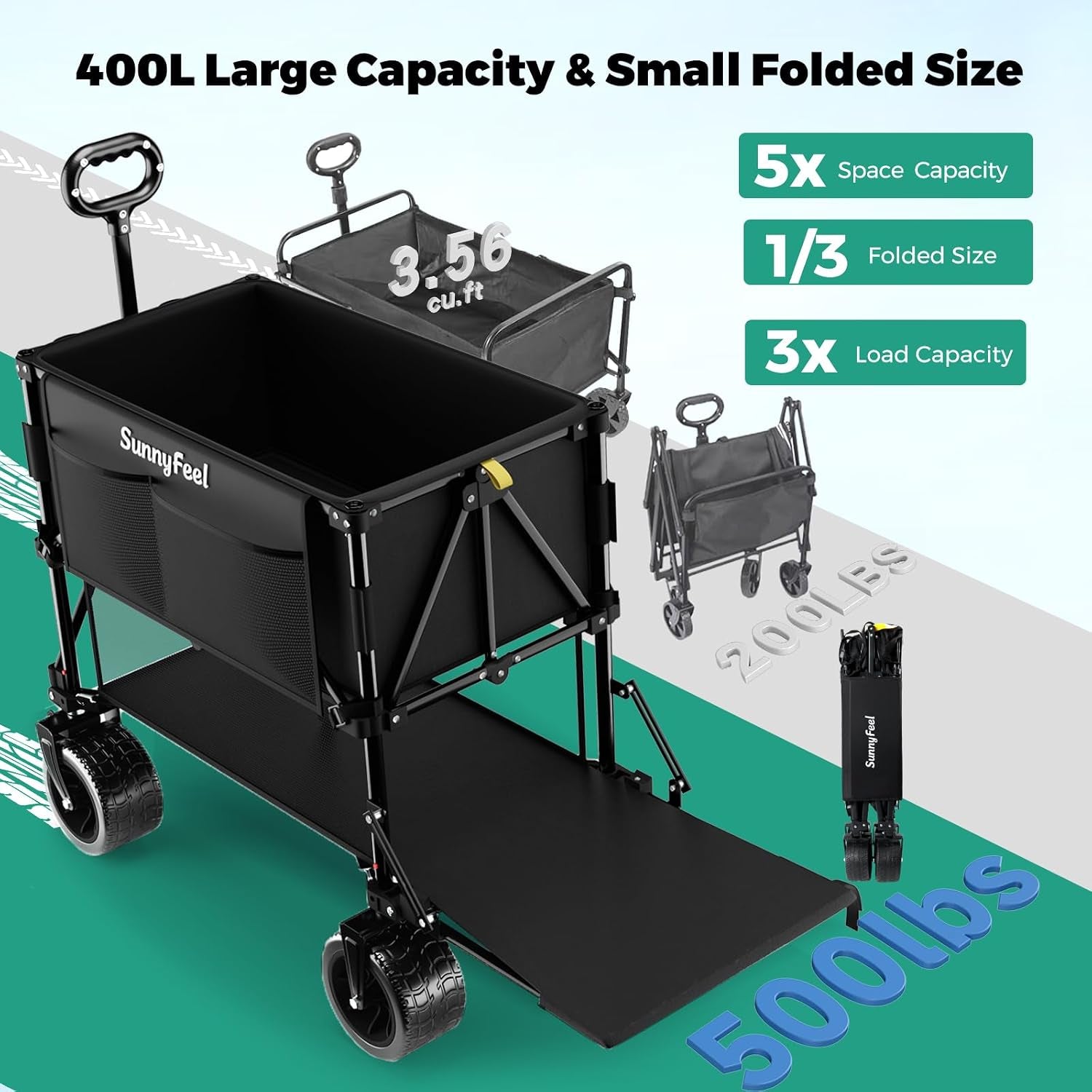 400L Large Capacity Double Decker Wagon with Tailgate | 500LBS Heavy Duty Sports Wagon, 54" Extra Long Extender Collapsible Wagon Cart, All Terrain Wheels for Garden, Beach, Black