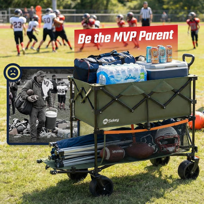 500LBS Heavy Duty Double Decker Wagon with Extender, 400L Large Capacity Collapsible Garden Cart Fits 10X10 Canopy, All-Terrain Big Wheels with Brakes, Foldable Utility Wagon for Sports, Camping